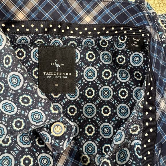 TailorByrd Men's M Geometric Floral Print Shirt Blue Flip Cuff Contrast Accents - Picture 4 of 8